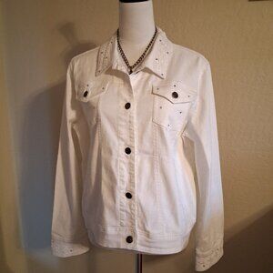 Jacket trendy white denim. H Ex J Size large. Rhinestones lace.